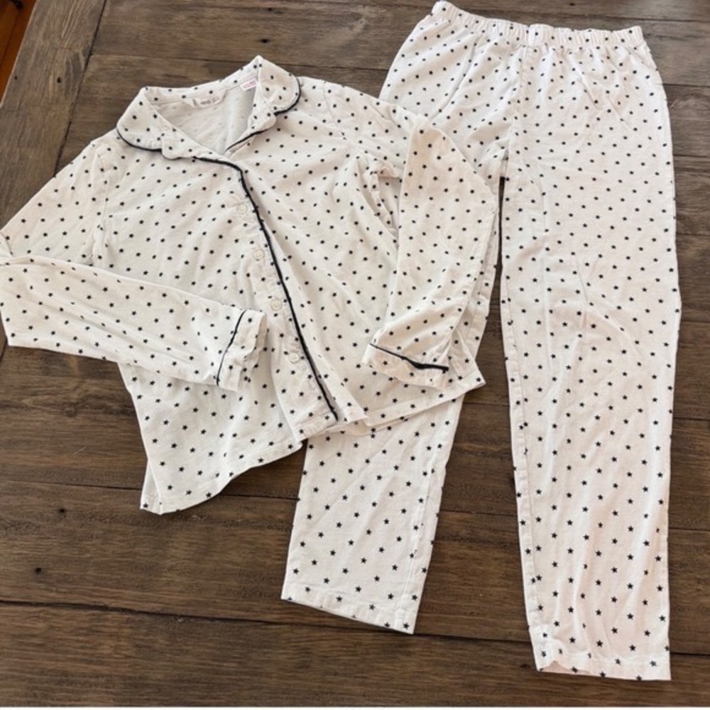 MNG Mango Kids White Black Star‎ Print Cotton Pajama Set Size 11-12 Girls PJs